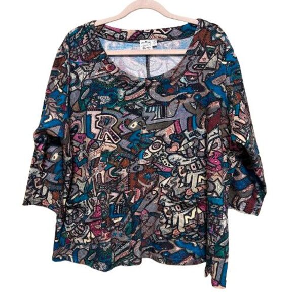 Parsley & Sage Swing Pocket Top 3/4 Sleeve Womens 2X Colorful Art Lagenlook Boho - Picture 1 of 8